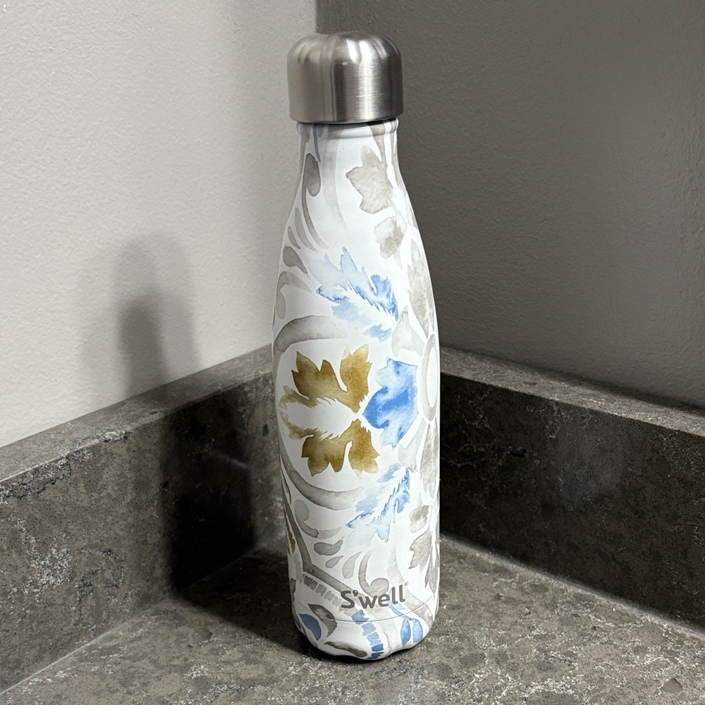 S'well White and Blue Floral Water Bottle with Silver Cap 50 ml